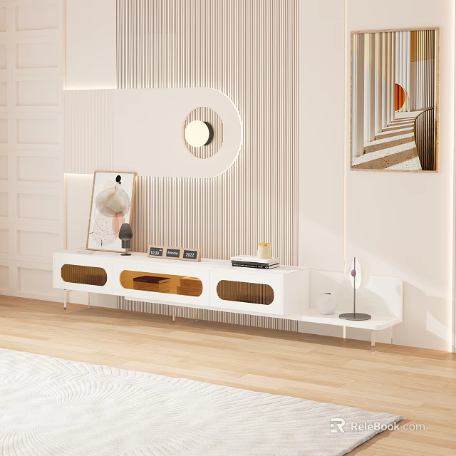 Modern White TV Stand With Wooden Shelves And Decorative Items On Light Striped Wall 3d model 