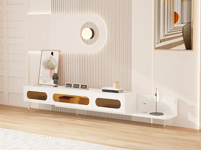 Modern White TV Stand With Wooden Shelves And Decorative Items On Light Striped Wall 3d model
