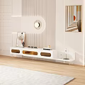 Modern White TV Stand With Wooden Shelves And Decorative Items On Light Striped Wall