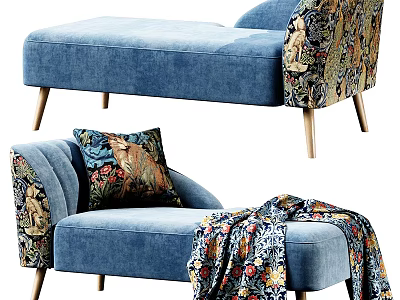 Blue Chaise Lounge With Patterned Upholstery Throw Pillow Blanket And Wooden Legs 3d model