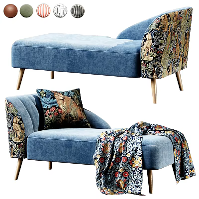 Blue Chaise Lounge With Patterned Upholstery Throw Pillow Blanket And Wooden Legs 3d model