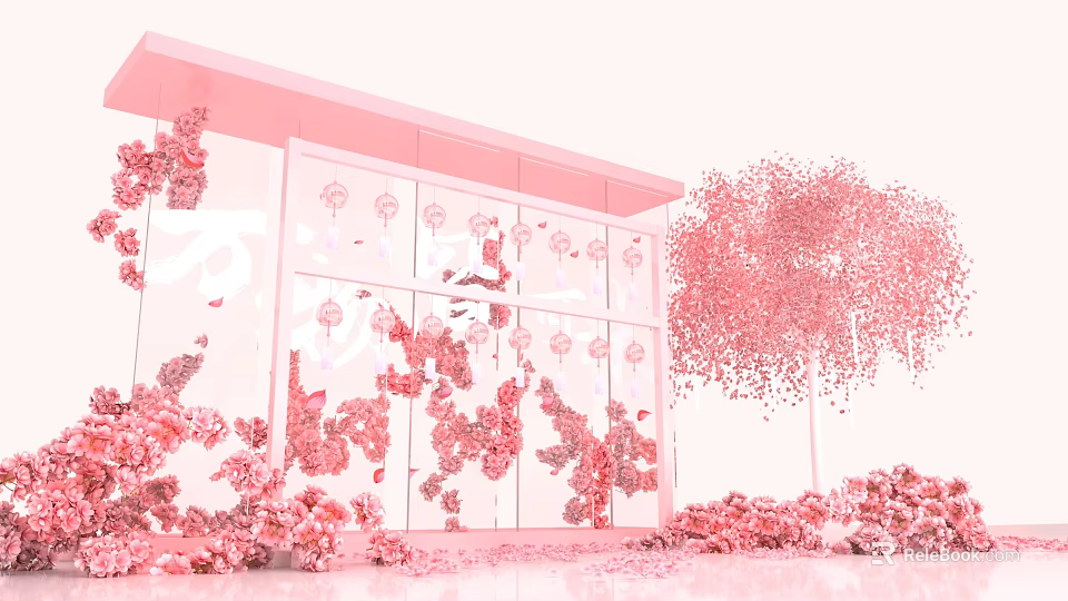 Pink Art Installation Featuring Glass Structure Hanging Flower Decorations And Pink Tree With Scattered Petals 3d model 
