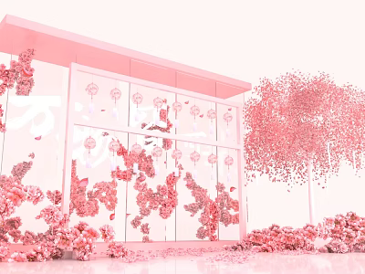 Pink Art Installation Featuring Glass Structure Hanging Flower Decorations And Pink Tree With Scattered Petals 3d model