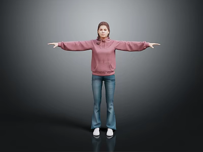 Woman in Pink Hoodie and Blue Jeans Standing with Arms Outstretched on Gray Background 3d model