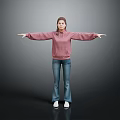 Woman in Pink Hoodie and Blue Jeans Standing with Arms Outstretched on Gray Background