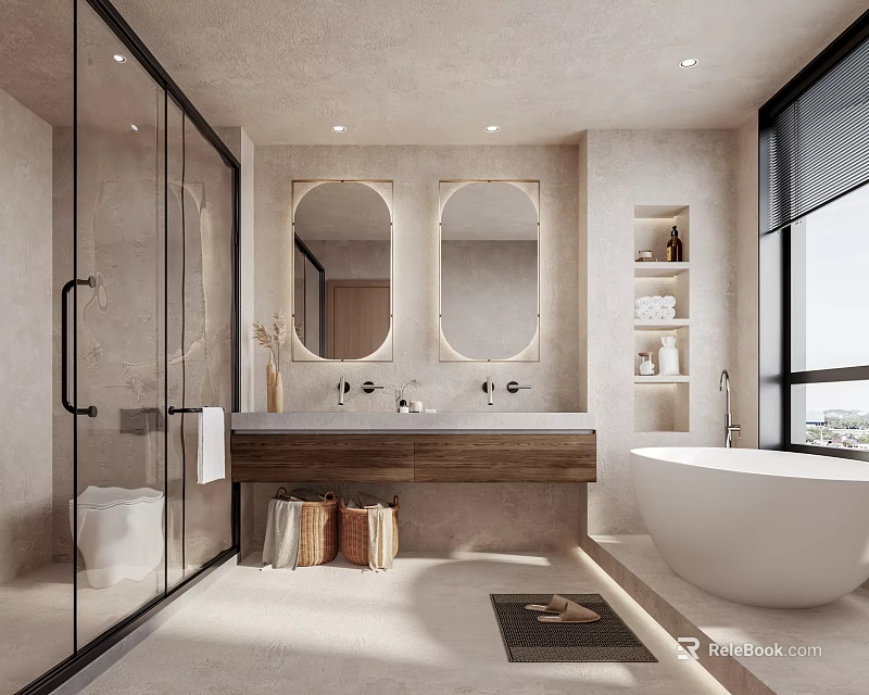 Modern Minimalist Bathroom With Double Mirrors Dual Vanity And Freestanding Bathtub 3d model 
