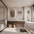 Modern Minimalist Bathroom With Double Mirrors Dual Vanity And Freestanding Bathtub