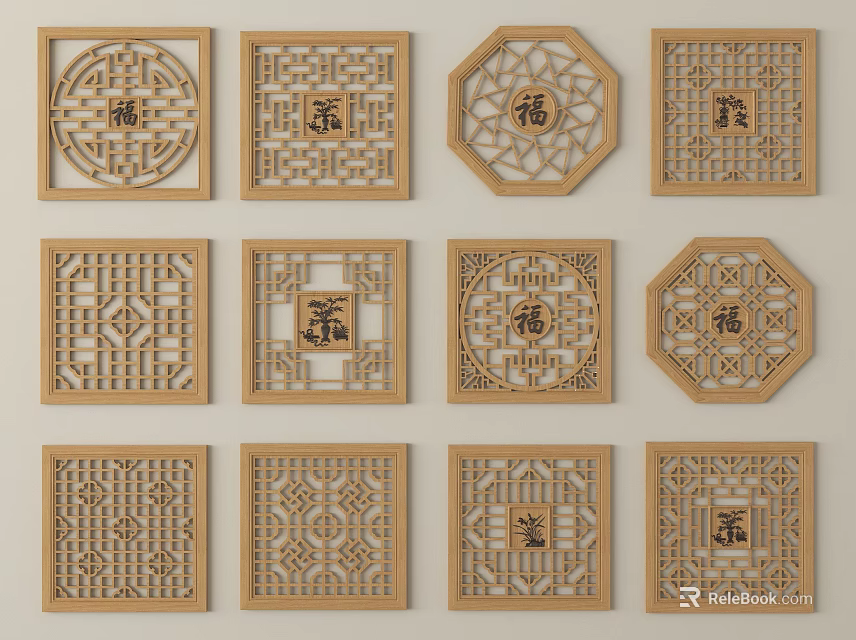 Carved Wooden Lattice Windows With Various Shapes Traditional Patterns And Lucky Characters 3d model 