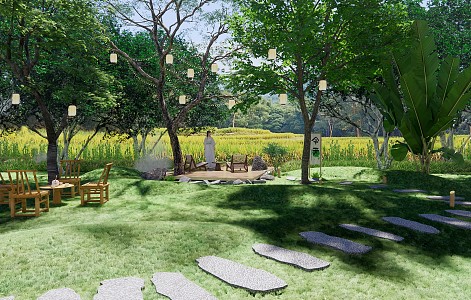 Wooden platform lantern tree lamp green slate Ting step rice field stone leisure space micro terrain leisure seat 3d model