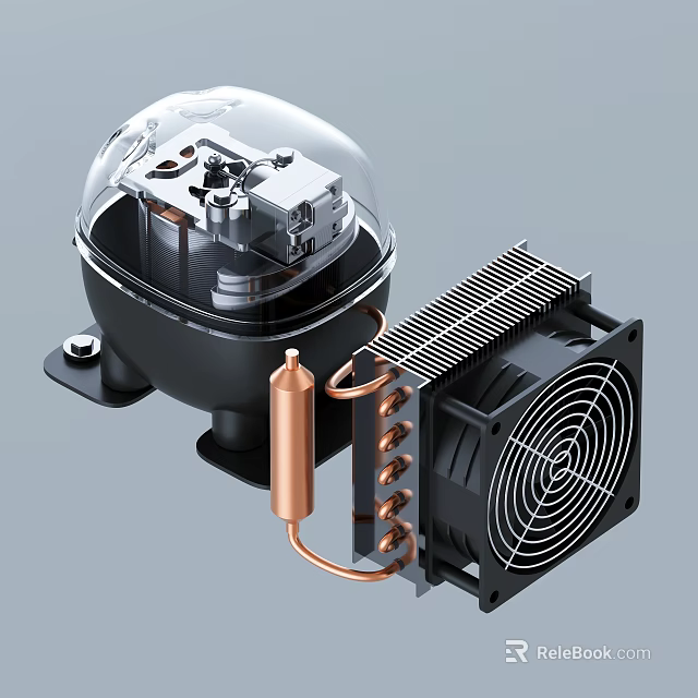Refrigerator Freezer Cooling System with Compressor Condenser Copper Tubes and Heat Sink Fan 3d model 