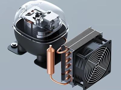 Refrigerator Freezer Cooling System with Compressor Condenser Copper Tubes and Heat Sink Fan 3d model