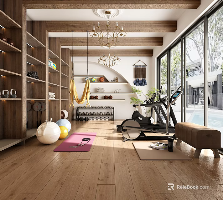 Home Gym Interior With Fitness Equipment Wooden Floors And Natural Light 3d model 