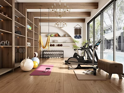 Home Gym Interior With Fitness Equipment Wooden Floors And Natural Light 3d model