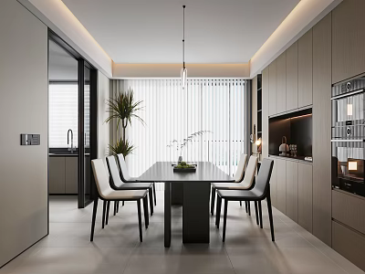 Modern Open Kitchen Dining Interior With Dining Table Chairs Pendant Light Plants And Cabinets 3d model
