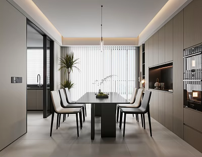 Modern Open Kitchen Dining Interior With Dining Table Chairs Pendant Light Plants And Cabinets 3d model