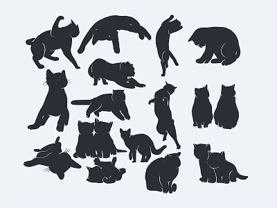 Multiple Cat Silhouettes In Various Poses And Positions On White Background 3d model