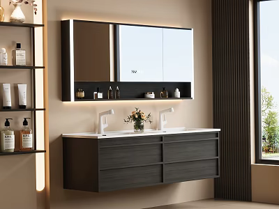 Modern Bathroom Vanity Cabinet With Double Sinks Illuminated Mirror And Storage 3d model