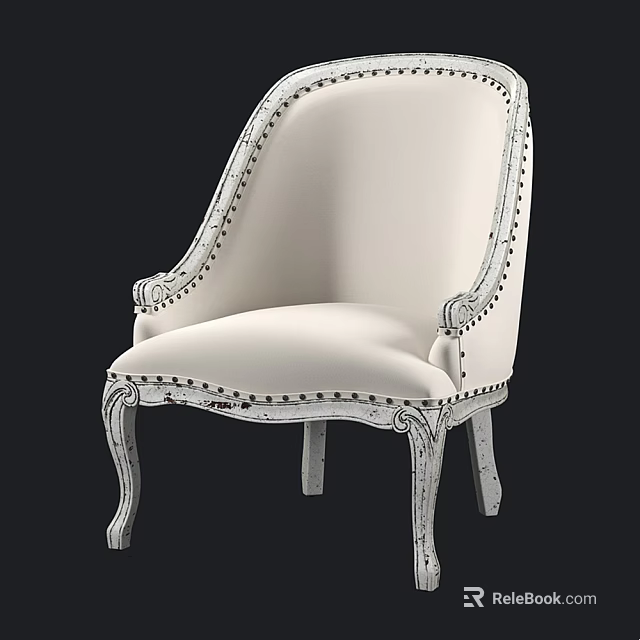 Elegant Classic Accent Chair With White Upholstery Nailhead Trim And Carved Legs 3d model 