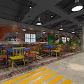 Vibrant Restaurant Interior With Colorful Tables Chairs Green Plants And Round Pendant Lights