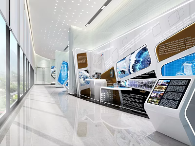 Modern Exhibition Hall Interior With Spacious Design Glass Windows And Interactive Display Screens 3d model