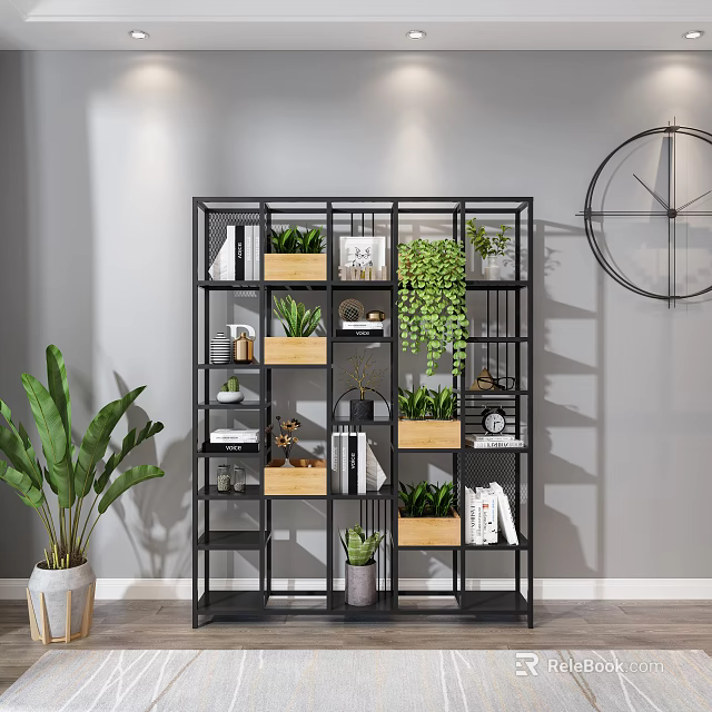 Black Multi Tiered Shelving Unit With Potted Plants Books Storage Boxes And Large Clock 3d model 