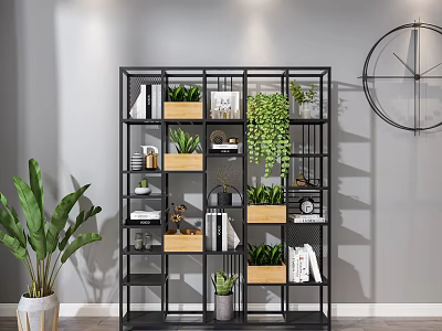 Black Multi Tiered Shelving Unit With Potted Plants Books Storage Boxes And Large Clock 3d model