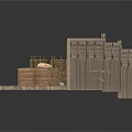 Modern Outdoor Defense Scene With Wooden Fences Sandbags Crates And Wooden Planks Platform