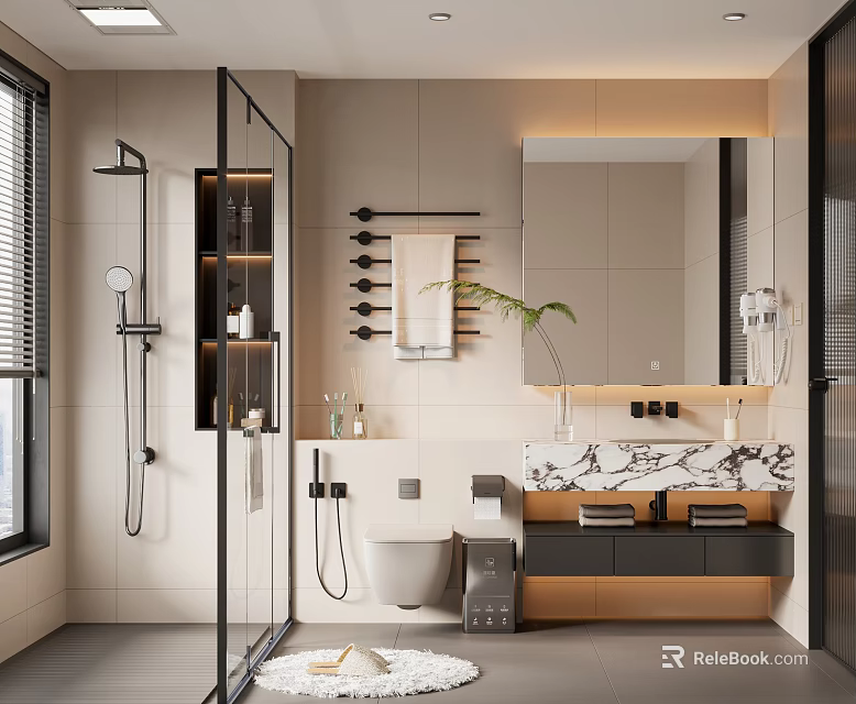 Modern Warm Minimalist Bathroom With Glass Shower Enclosure Floating Marble Vanity And Smart Fixtures 3d model 