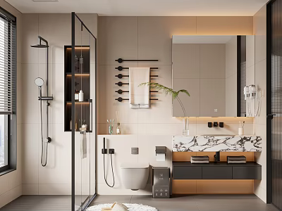 Modern Warm Minimalist Bathroom With Glass Shower Enclosure Floating Marble Vanity And Smart Fixtures 3d model