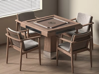 Modern Square Wooden Entertainment Table With Four Chairs Woven Backrests Gray Cushions 3d model