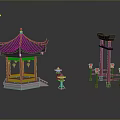 Traditional Chinese Architectural Elements Featuring Pagoda Red Torii Gate Hanging Lanterns And Stone Lanterns