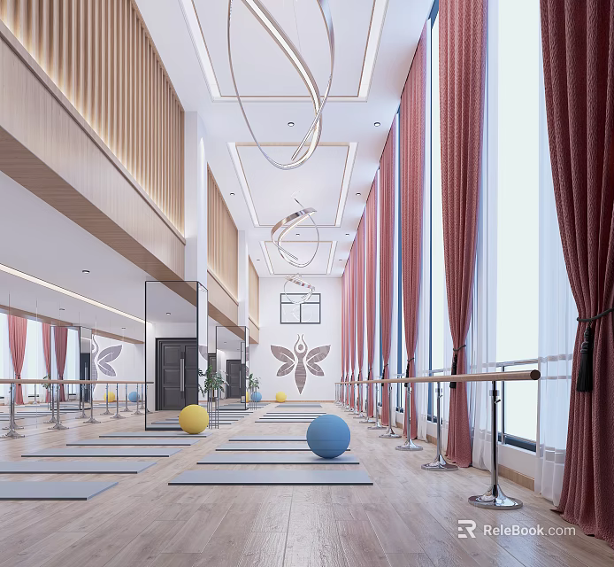 Spacious Fitness Studio with Yoga Mats Exercise Balls Barre and Butterfly Wall Decor 3d model 
