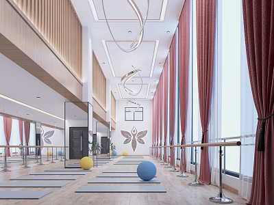Spacious Fitness Studio with Yoga Mats Exercise Balls Barre and Butterfly Wall Decor 3d model