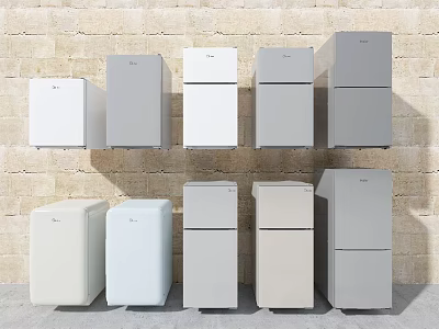 Various Colored Refrigerators And Freezers Arranged Against Brick Wall With Different Designs 3d model