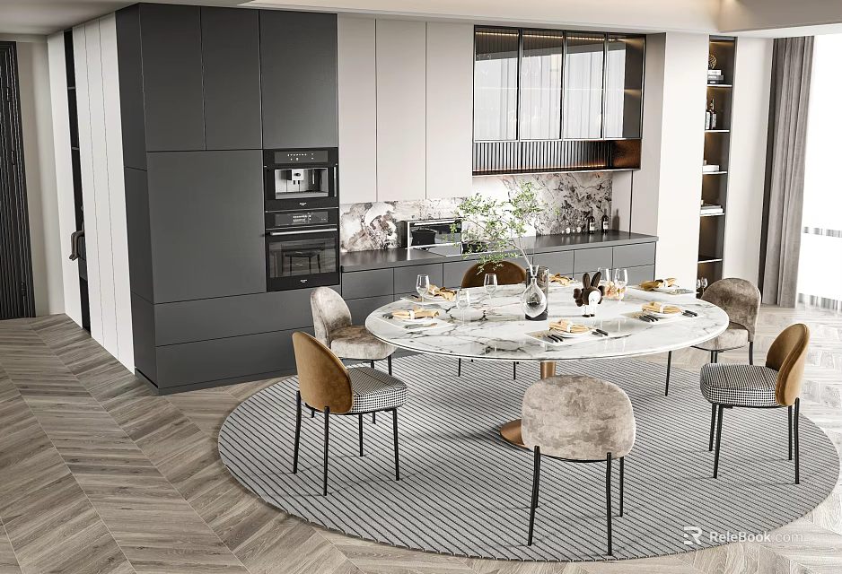 Modern Restaurant Interior With Round Marble Dining Table Stylish Chairs And Pendant Lighting 3d model 