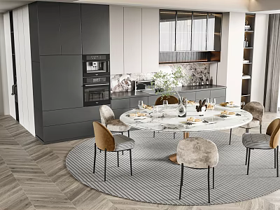 Modern Restaurant Interior With Round Marble Dining Table Stylish Chairs And Pendant Lighting 3d model