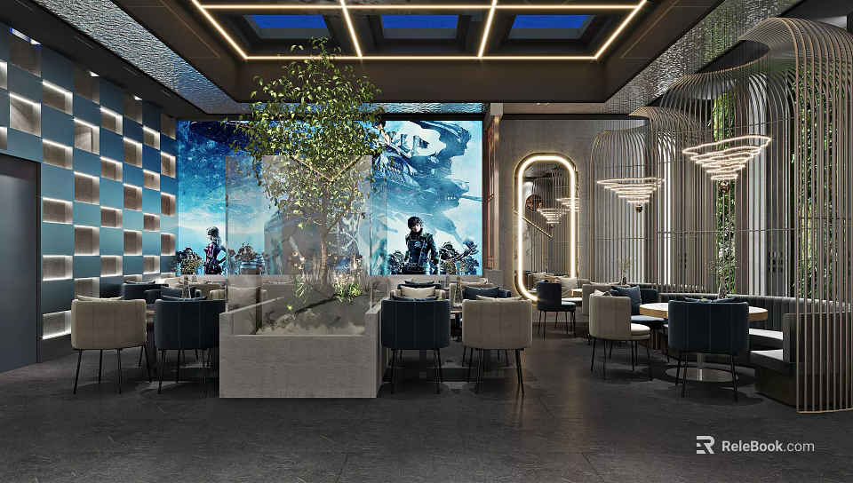 Modern Restaurant Interior With Blue Walls Large Mural Green Plants Chandeliers And Dining Tables Chairs 3d model 