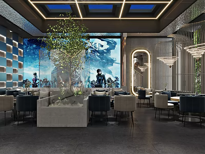 Modern Restaurant Interior With Blue Walls Large Mural Green Plants Chandeliers And Dining Tables Chairs 3d model