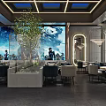 Modern Restaurant Interior With Blue Walls Large Mural Green Plants Chandeliers And Dining Tables Chairs