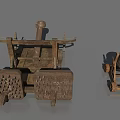 Ancient Wooden Siege Weapons With Spiked Hammer And Wheeled Catapult Design