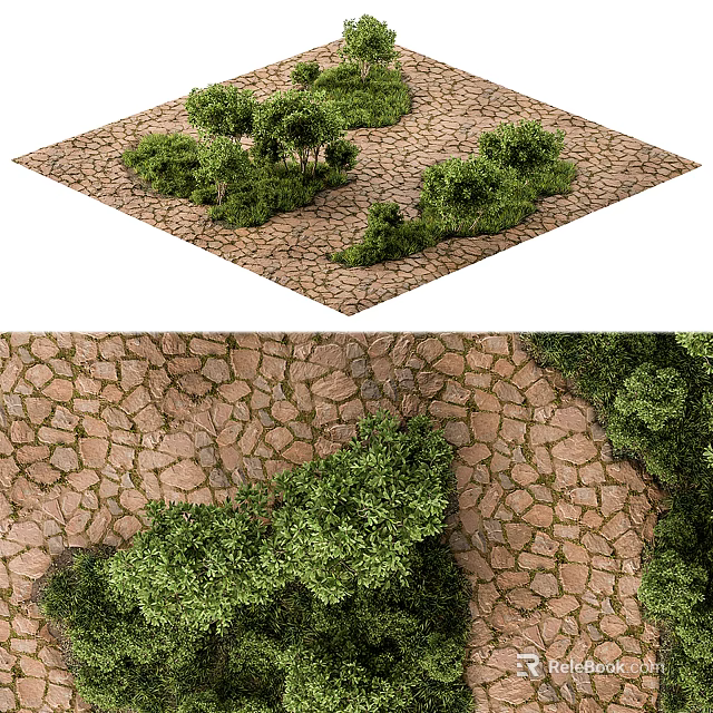 Cobblestone Path Landscape With Lush Greenery 3d model 