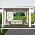 Outdoor Pergola Seating Area With Sofa Coffee Table Green Plants And Pool