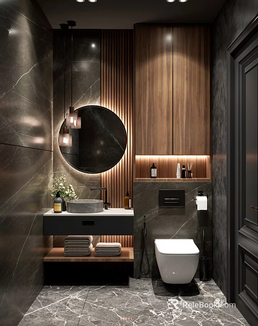 Modern Luxury Home Bathroom With Dark Marble Tiles And Warm Wood Accent Interior Design 3d model 