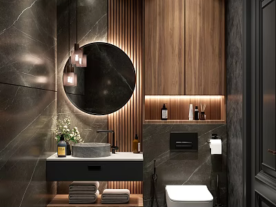 Modern Luxury Home Bathroom With Dark Marble Tiles And Warm Wood Accent Interior Design 3d model