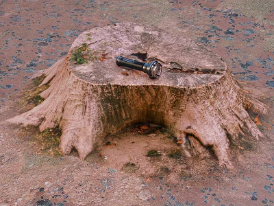 Wooden Tree Stump With Stone Ground And Power Drill Tool On Natural Surface 3d model