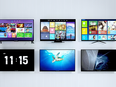 Multiple Smart TVs Displaying Various Screen Contents Time Turtle Image And Abstract Design 3d model