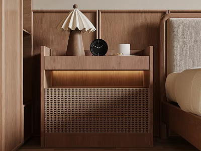 Natural Wooden Bedside Table With Lattice Detail Table Lamp Clock And Cup Next To Bed 3d model