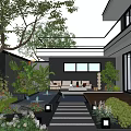 Modern Garden Courtyard With Stone Path Lush Plants Outdoor Seating And Lighting
