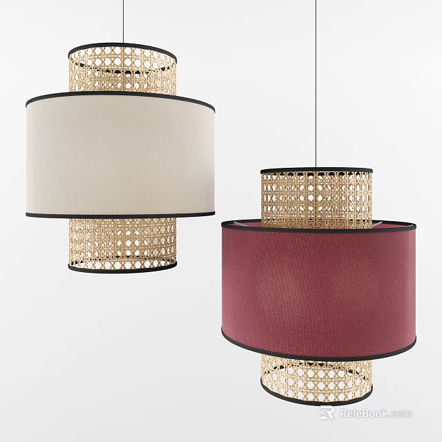 Modern Rattan Chandeliers With Beige And Burgundy Fabric Shades For Home Interior Design 3d model 