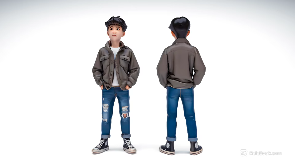 Man in Casual Outfit Front and Back View Wearing Jacket Jeans Canvas Shoes and Cap 3d model 